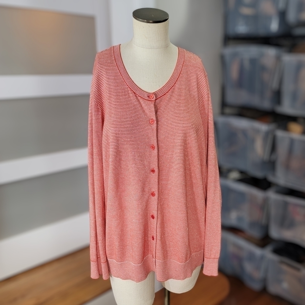 Talbots Orange Red Sparkly Stripes Button Front C… - image 1